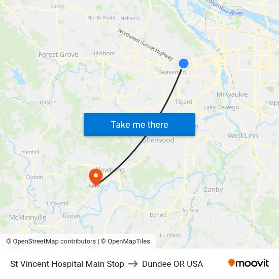 St Vincent Hospital Main Stop to Dundee OR USA map