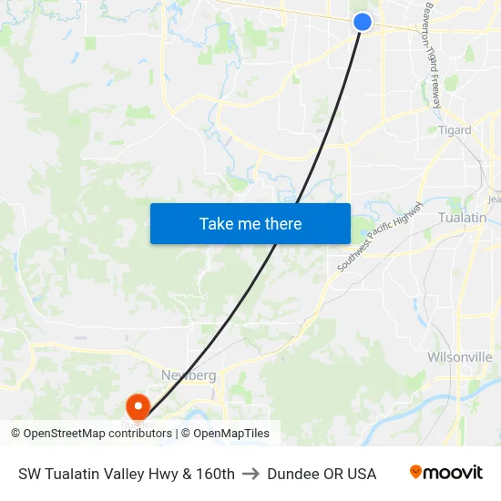 SW Tualatin Valley Hwy & 160th to Dundee OR USA map