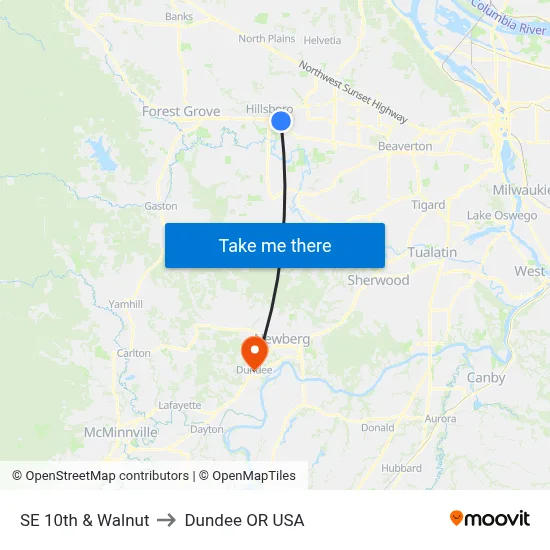 SE 10th & Walnut to Dundee OR USA map