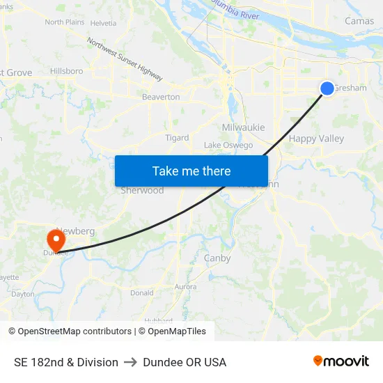 SE 182nd & Division to Dundee OR USA map