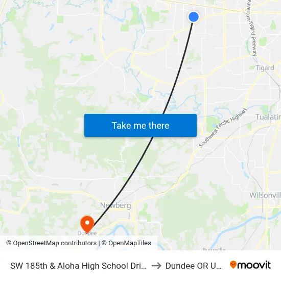 SW 185th & Aloha High School Drive to Dundee OR USA map