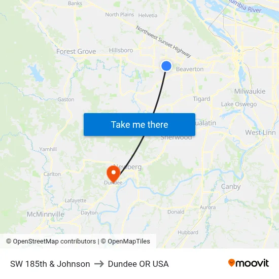SW 185th & Johnson to Dundee OR USA map