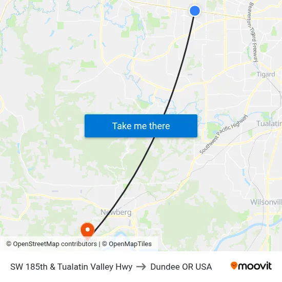 SW 185th & Tualatin Valley Hwy to Dundee OR USA map