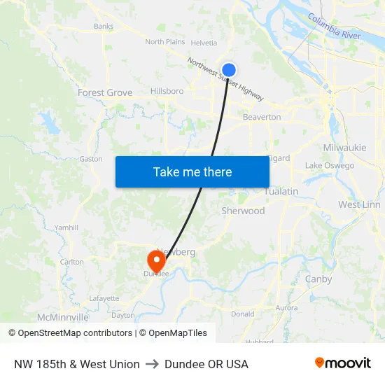 NW 185th & West Union to Dundee OR USA map