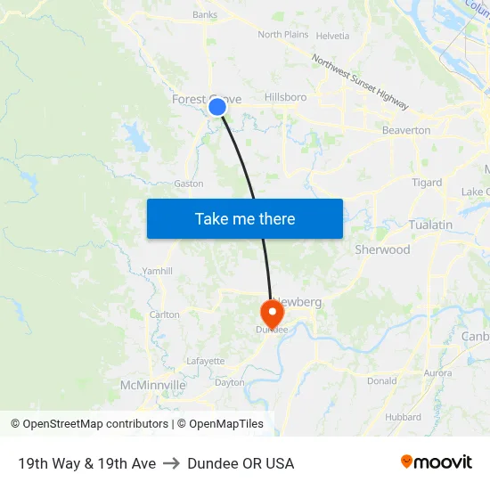 19th Way & 19th Ave to Dundee OR USA map