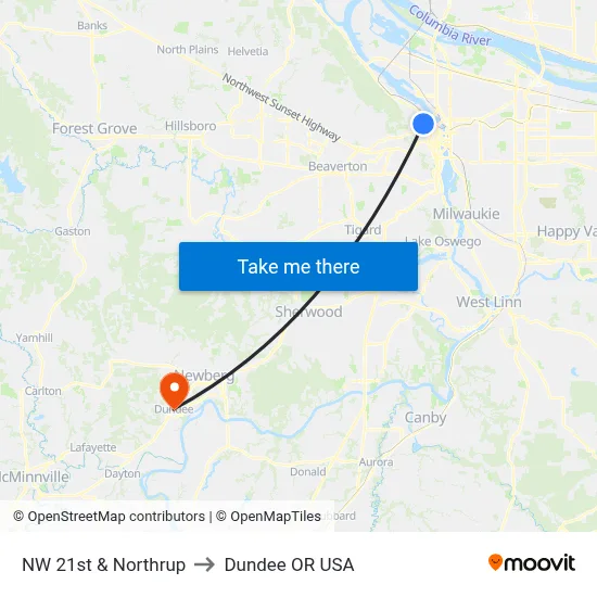 NW 21st & Northrup to Dundee OR USA map
