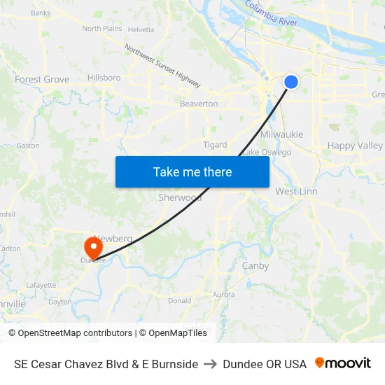 SE Cesar Chavez Blvd & E Burnside to Dundee OR USA map