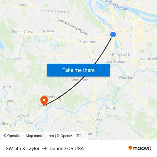 SW 5th & Taylor to Dundee OR USA map