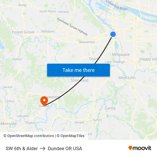 SW 6th & Alder to Dundee OR USA map