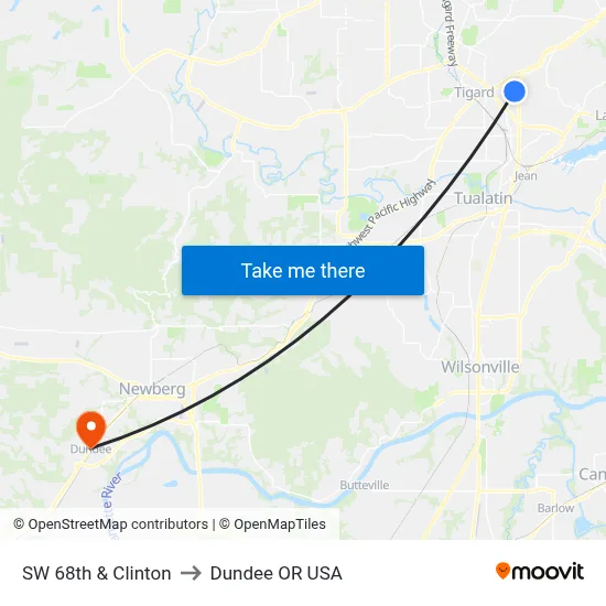 SW 68th & Clinton to Dundee OR USA map