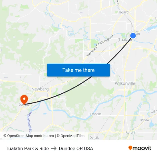 Tualatin Park & Ride to Dundee OR USA map