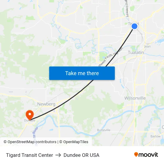 Tigard Transit Center to Dundee OR USA map