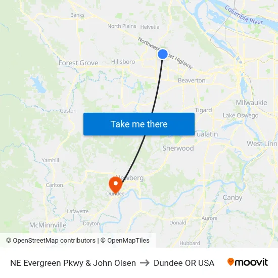 NE Evergreen Pkwy & John Olsen to Dundee OR USA map