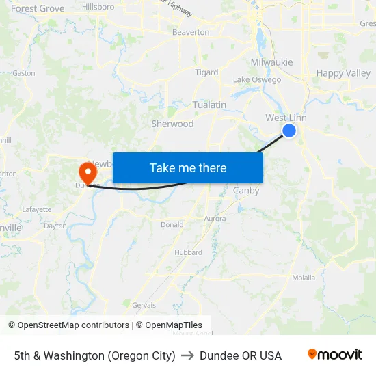 5th & Washington (Oregon City) to Dundee OR USA map