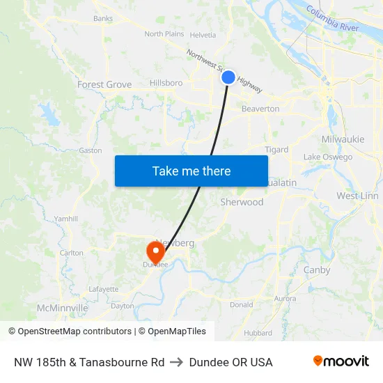 NW 185th & Tanasbourne Rd to Dundee OR USA map