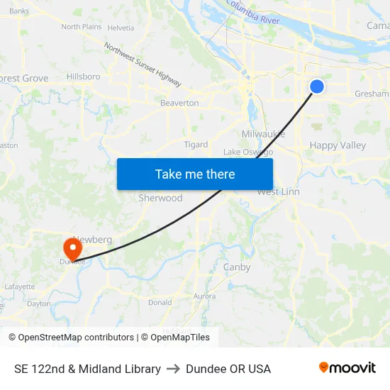 SE 122nd & Midland Library to Dundee OR USA map