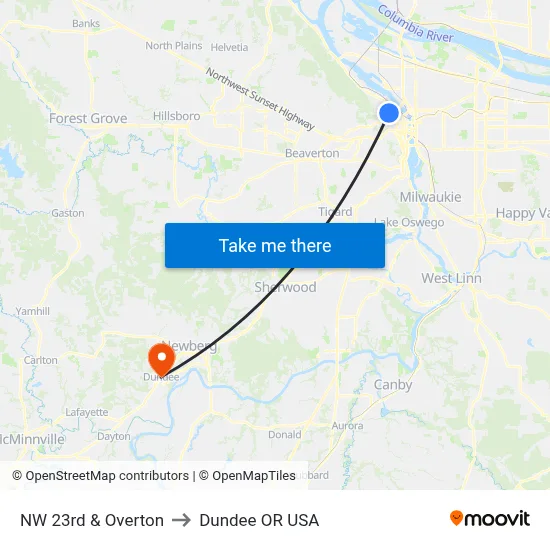 NW 23rd & Overton to Dundee OR USA map