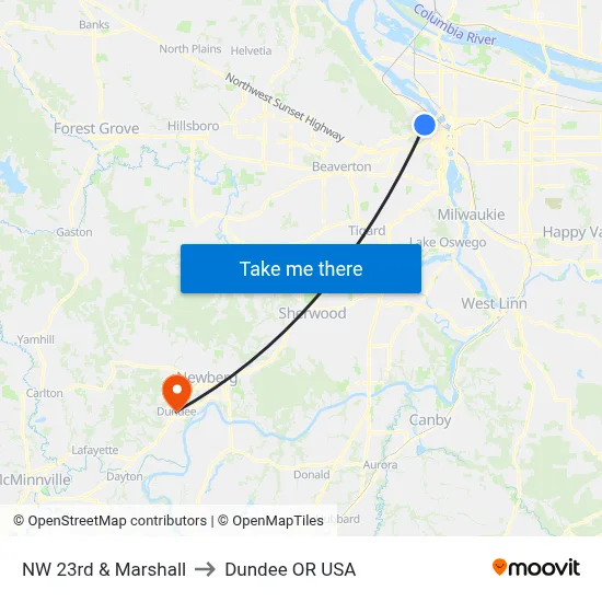 NW 23rd & Marshall to Dundee OR USA map