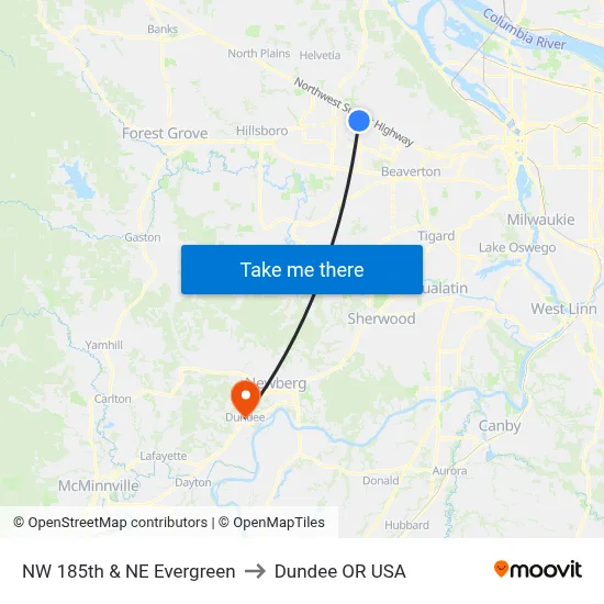 NW 185th & NE Evergreen to Dundee OR USA map