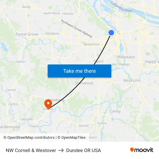 NW Cornell & Westover to Dundee OR USA map