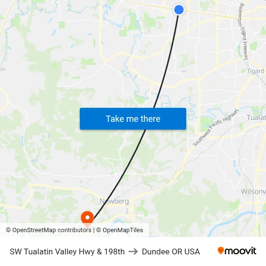 SW Tualatin Valley Hwy & 198th to Dundee OR USA map