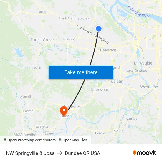 NW Springville & Joss to Dundee OR USA map