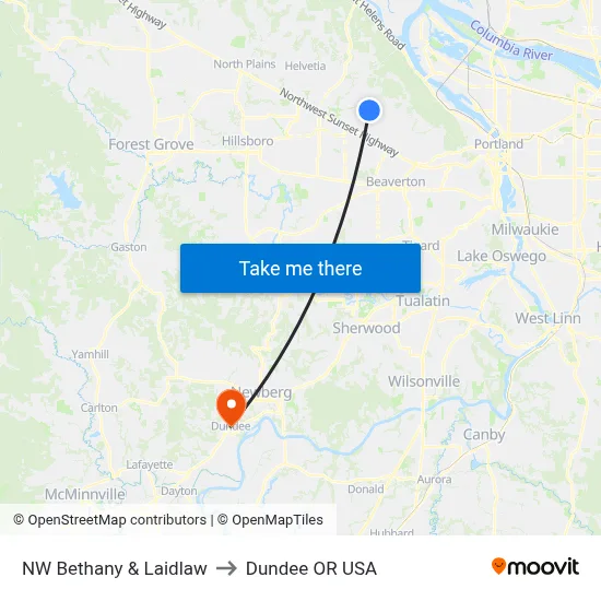 NW Bethany & Laidlaw to Dundee OR USA map
