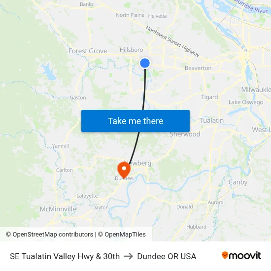 SE Tualatin Valley Hwy & 30th to Dundee OR USA map