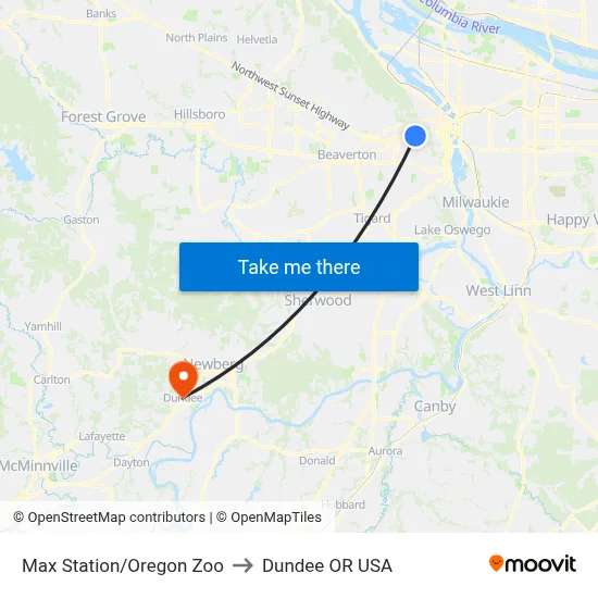 Max Station/Oregon Zoo to Dundee OR USA map