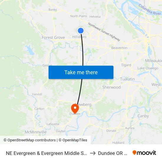 NE Evergreen & Evergreen Middle School to Dundee OR USA map
