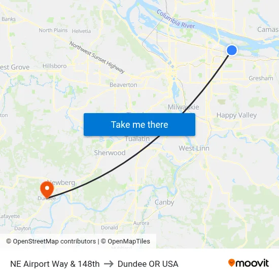 NE Airport Way & 148th to Dundee OR USA map
