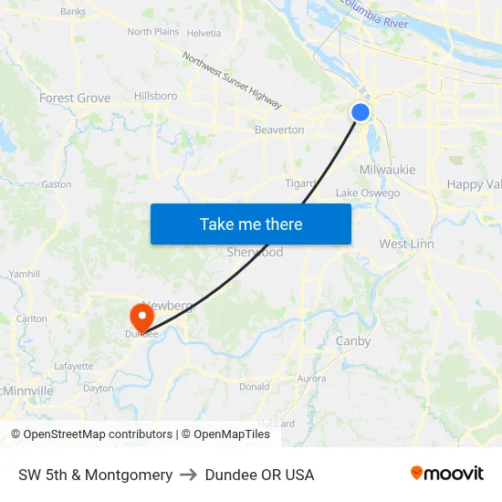 SW 5th & Montgomery to Dundee OR USA map