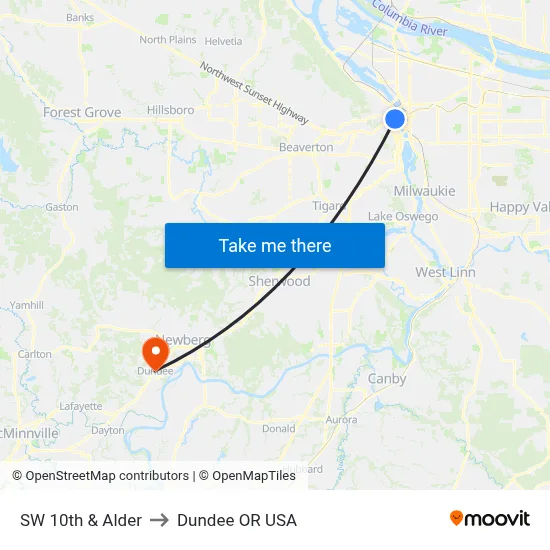 SW 10th & Alder to Dundee OR USA map