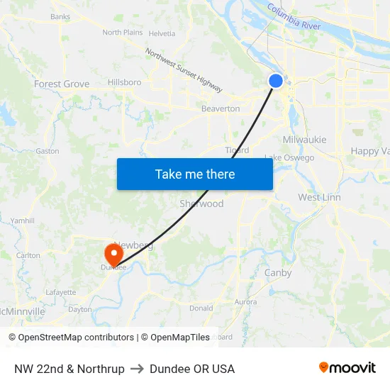 NW 22nd & Northrup to Dundee OR USA map