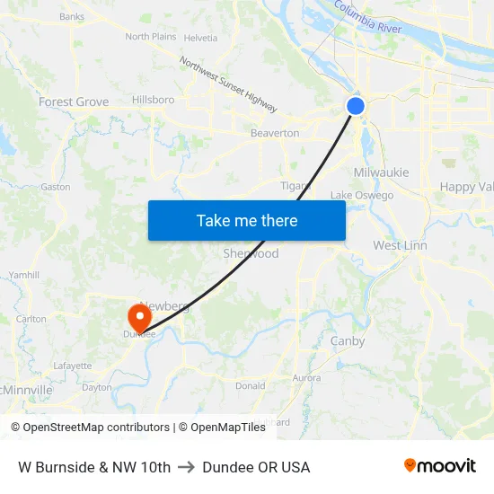 W Burnside & NW 10th to Dundee OR USA map