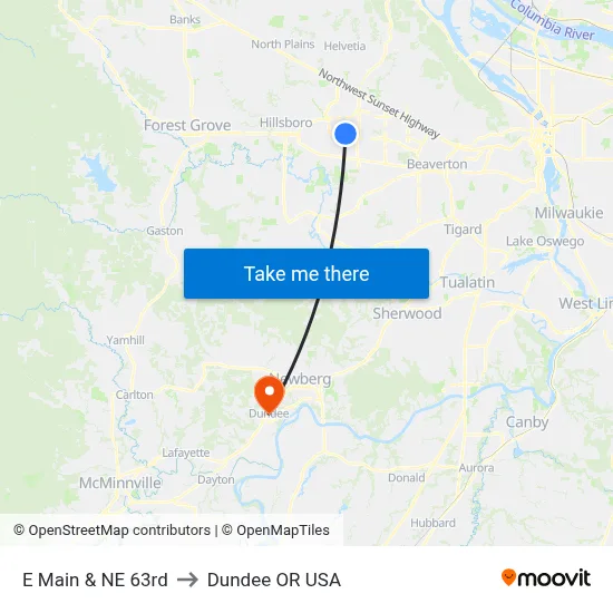 E Main & NE 63rd to Dundee OR USA map
