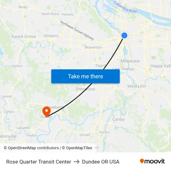 Rose Quarter Transit Center to Dundee OR USA map