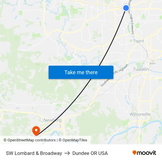 SW Lombard & Broadway to Dundee OR USA map