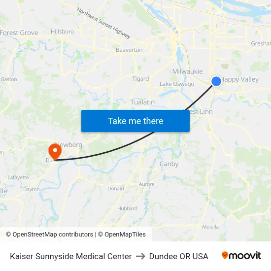 Kaiser Sunnyside Medical Center to Dundee OR USA map