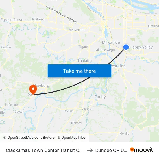 Clackamas Town Center Transit Center to Dundee OR USA map