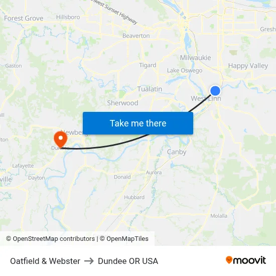 Oatfield & Webster to Dundee OR USA map