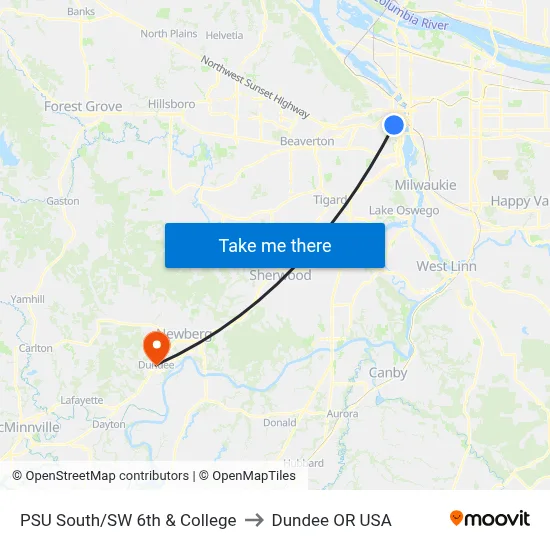 PSU South/SW 6th & College to Dundee OR USA map