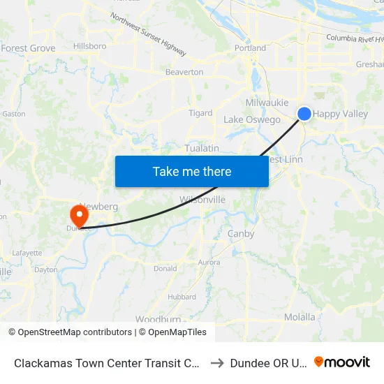 Clackamas Town Center Transit Center to Dundee OR USA map