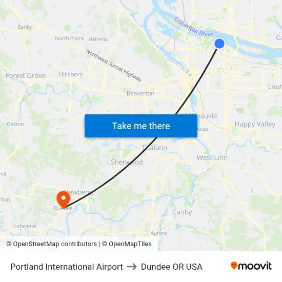 Portland International Airport to Dundee OR USA map