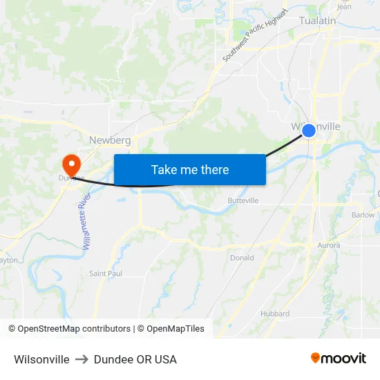 Wilsonville to Dundee OR USA map