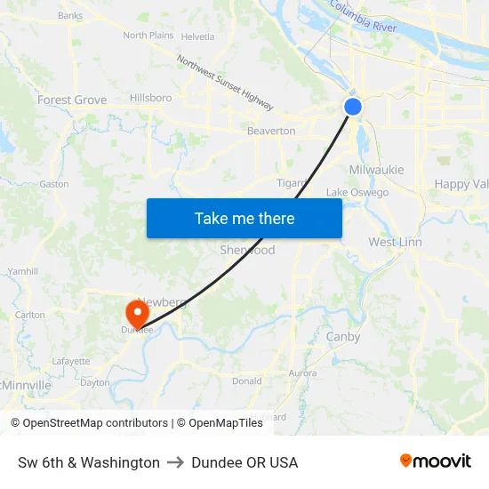Sw 6th & Washington to Dundee OR USA map