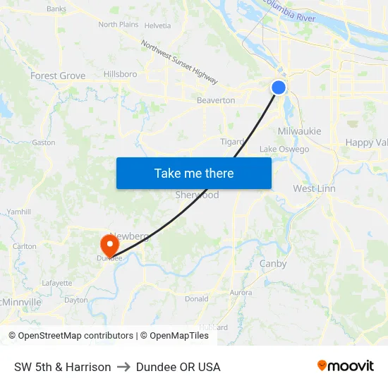 SW 5th & Harrison to Dundee OR USA map