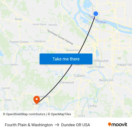 Fourth Plain & Washington to Dundee OR USA map