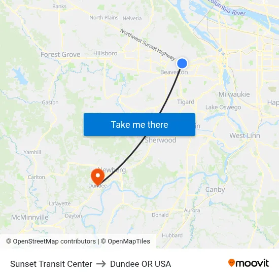 Sunset Transit Center to Dundee OR USA map