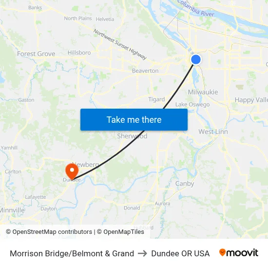 Morrison Bridge/Belmont & Grand to Dundee OR USA map